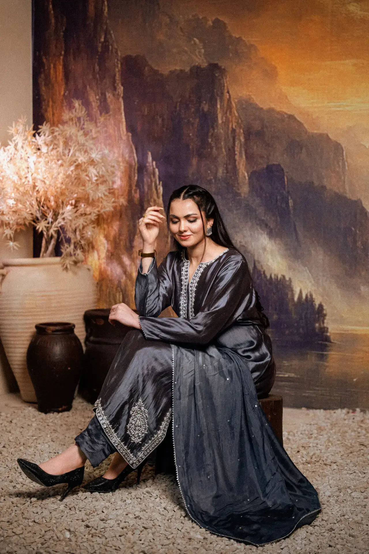 3PC Shesha Silk Handwork Suit - Charcoal Gray - Full Look