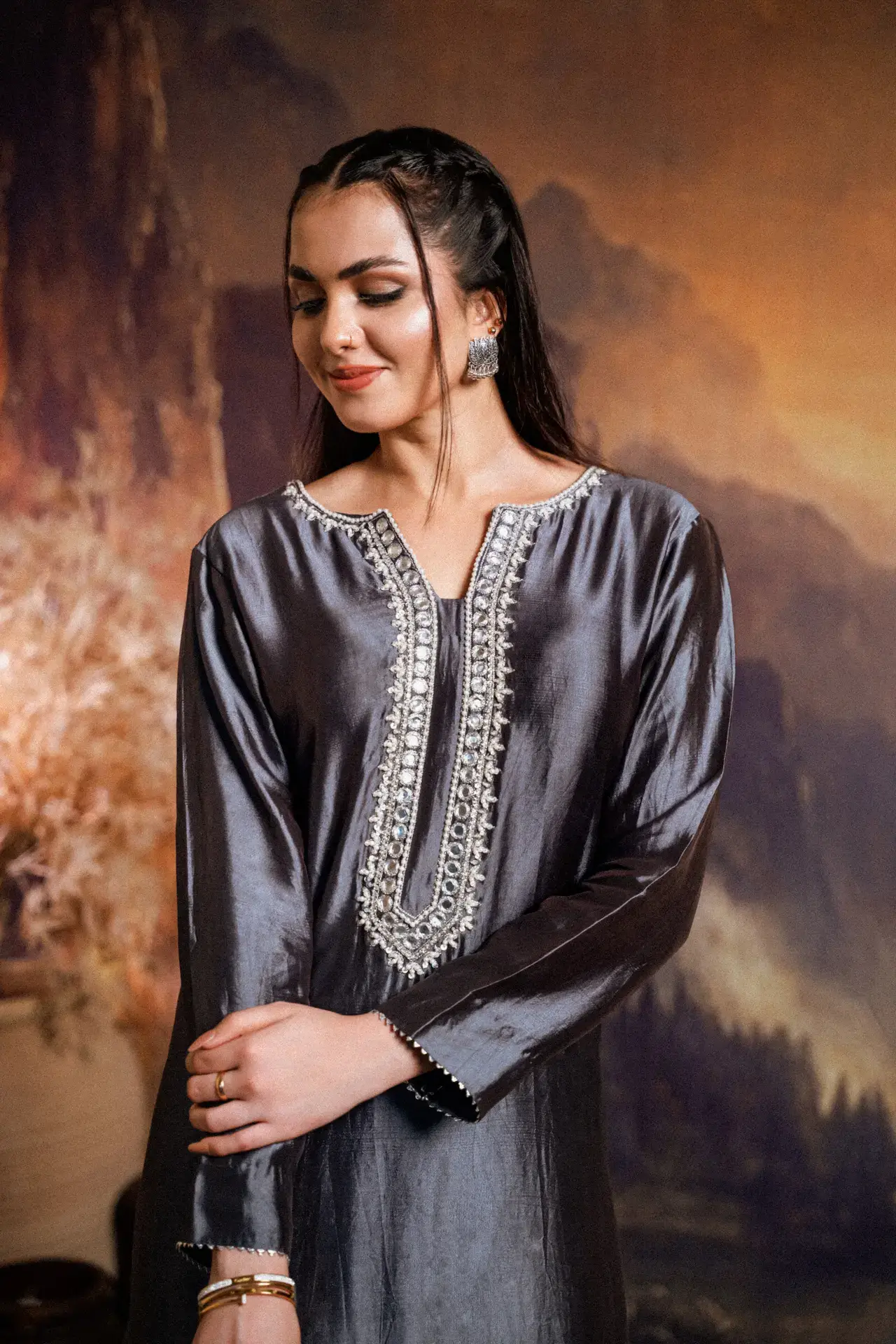 3PC Shesha Silk Handwork Suit - Charcoal Gray - Neckline Handwork Detail