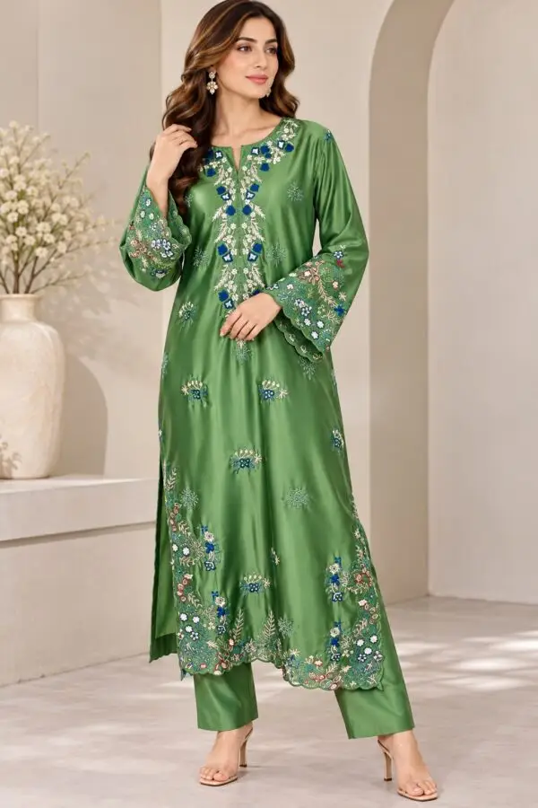 2PC Silk Embroidered Suit - Bottle Green - Front View