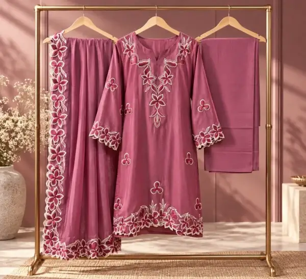 3PC Raw Silk Embroidered Suit - Dusty Mauve - Full Set