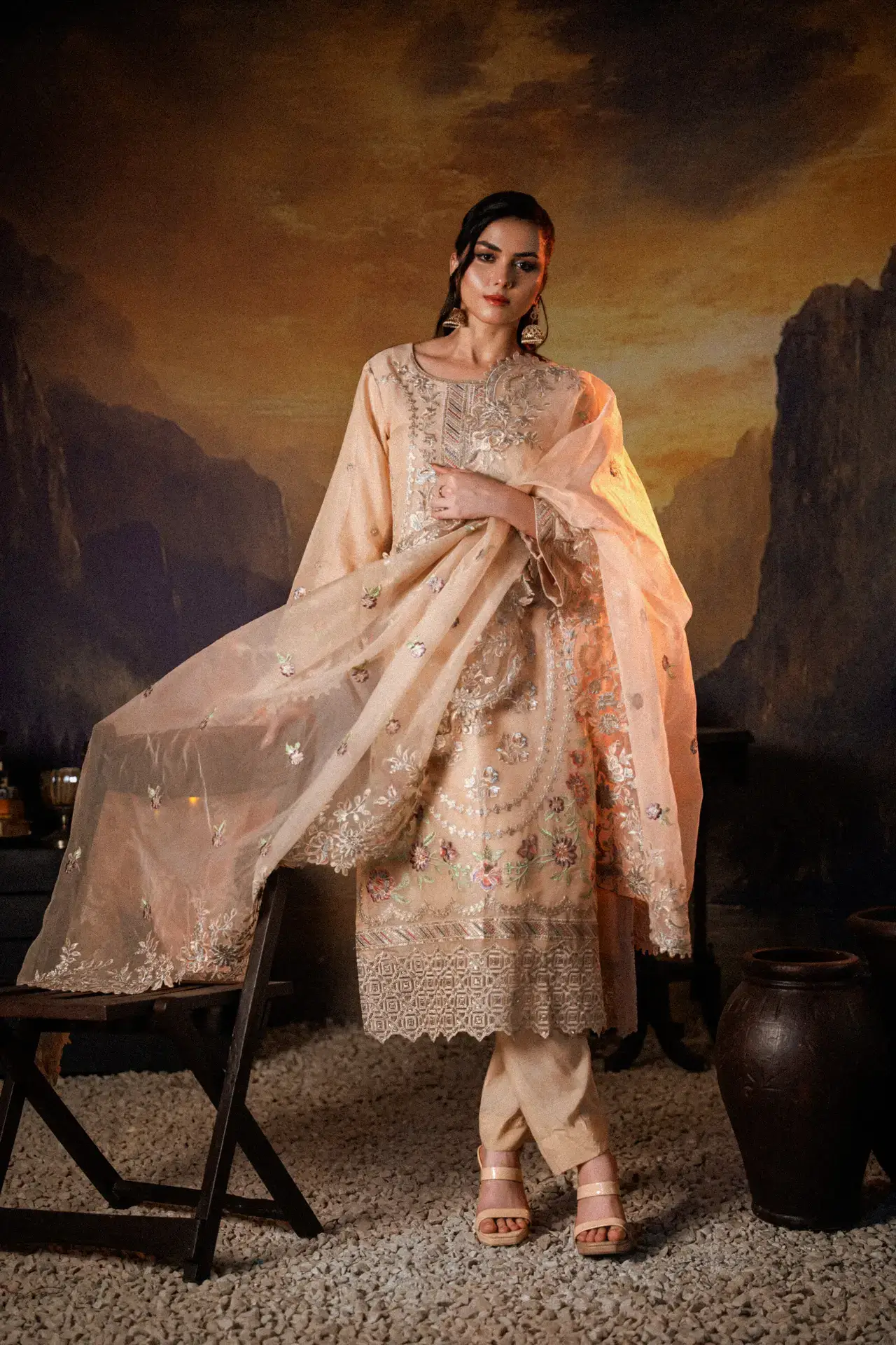 3PC Masoori Net Embroidered - Peach - With Dupatta