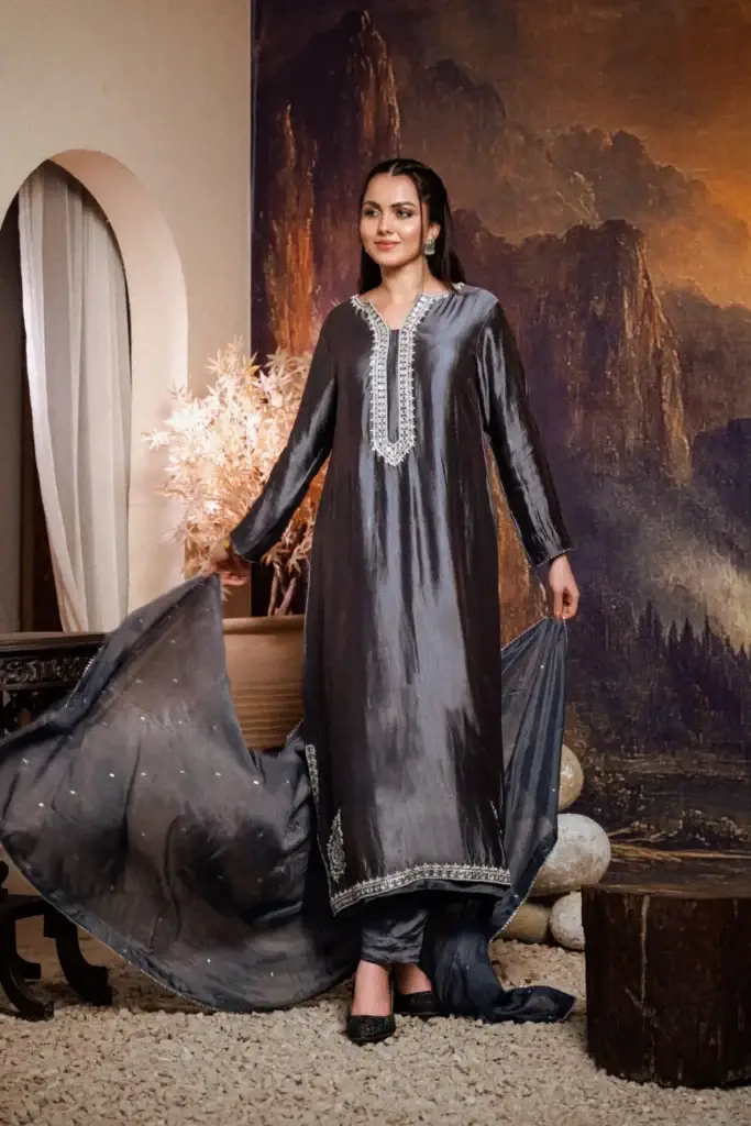 3PC Shesha Silk Handwork Suit - Charcoal Gray - Front View