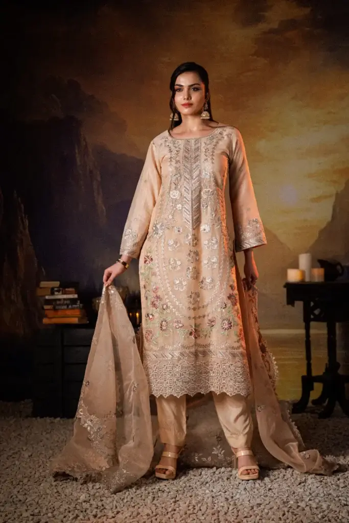 3PC Masoori Net Embroidered - Peach - Front View