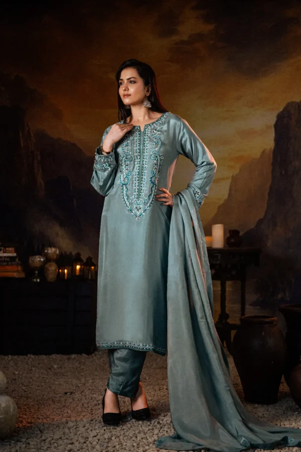 3PC Russian Silk Hand Embroidered - Ice Blue - Front View