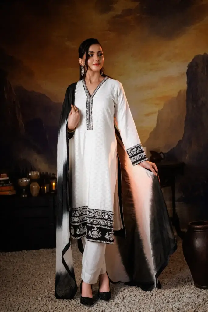 3PC Pure Broshia Net Handwork Suit - White - Front View