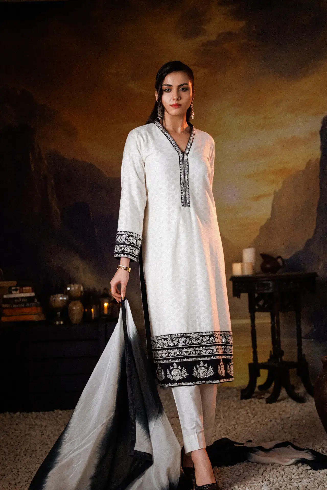 3PC Pure Broshia Net Handwork Suit - White - Standing with Dupatta