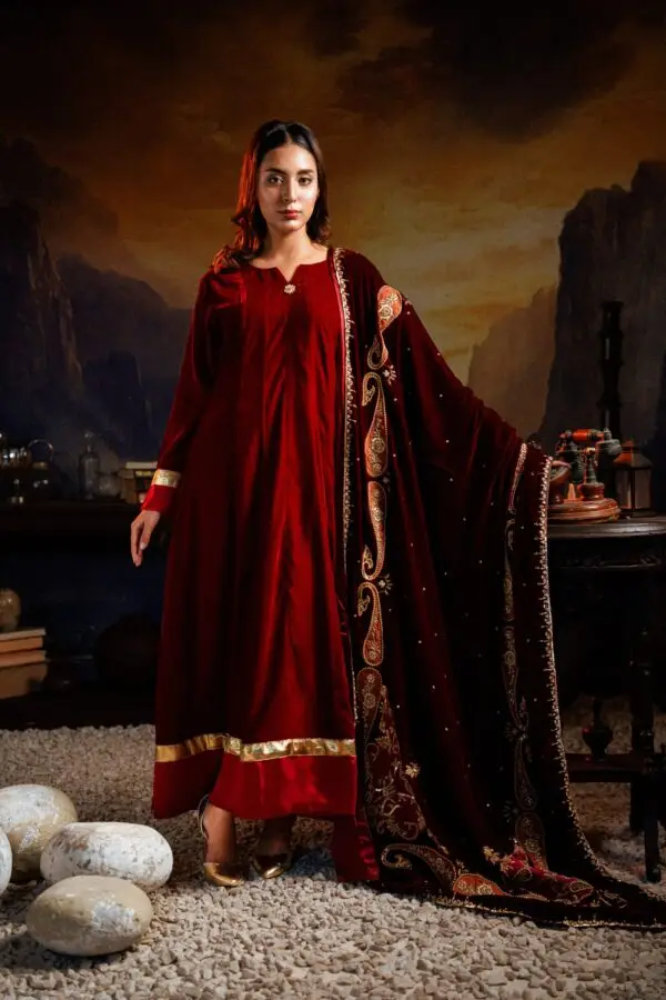 2PC Velvet Maxi - Deep Maroon - Front View With Dupatta