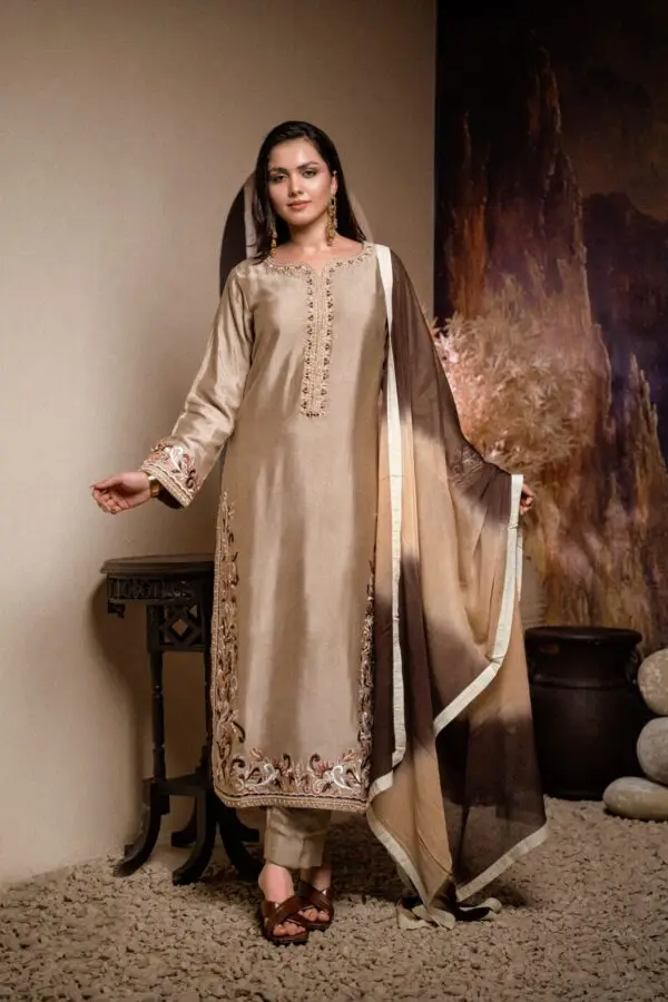 Sheesha Silk Hand Embroidered Suit - Golden - Full Set Front View