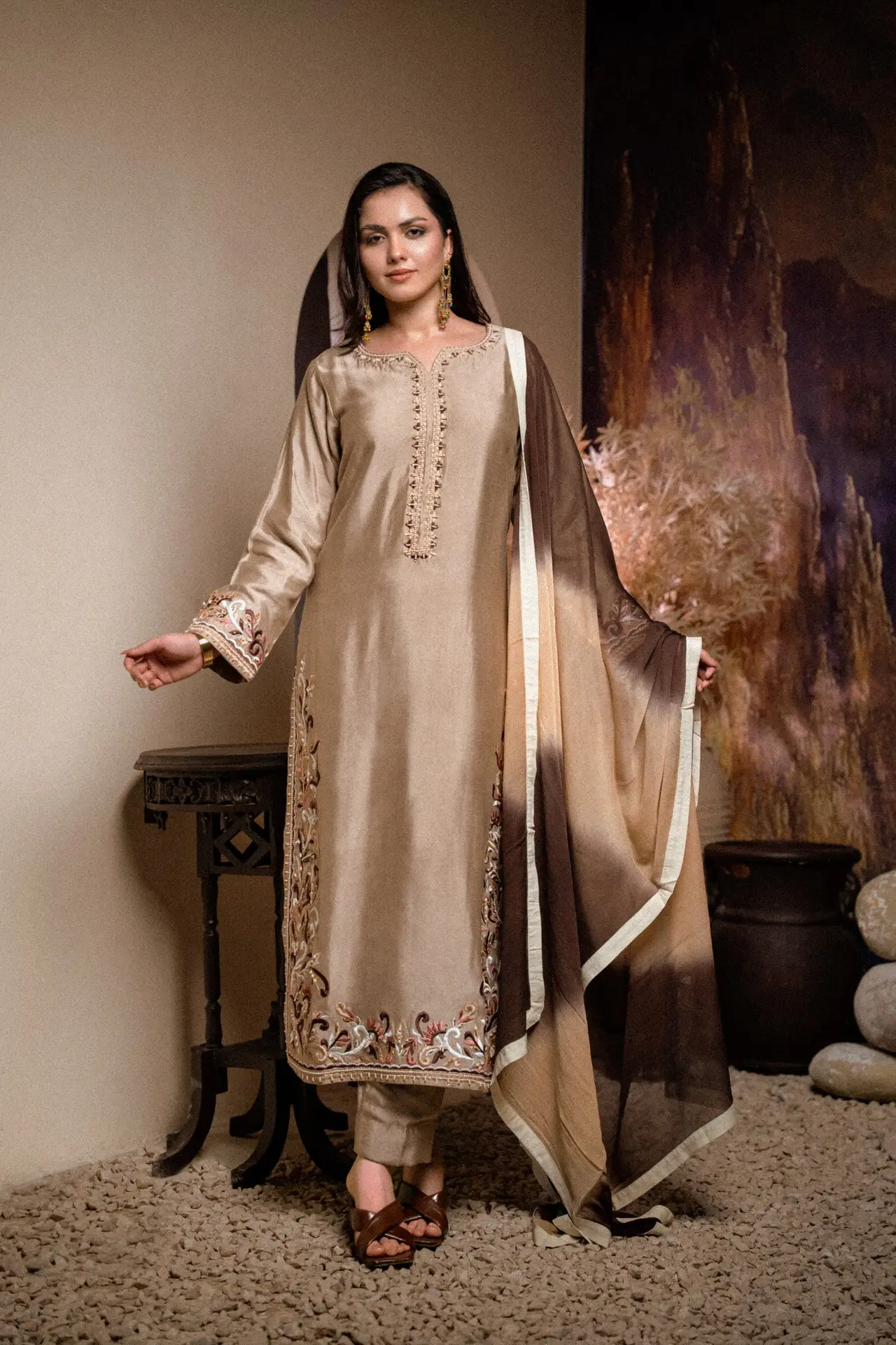 Sheesha Silk Hand Embroidered Suit - Golden - Full Set Front View