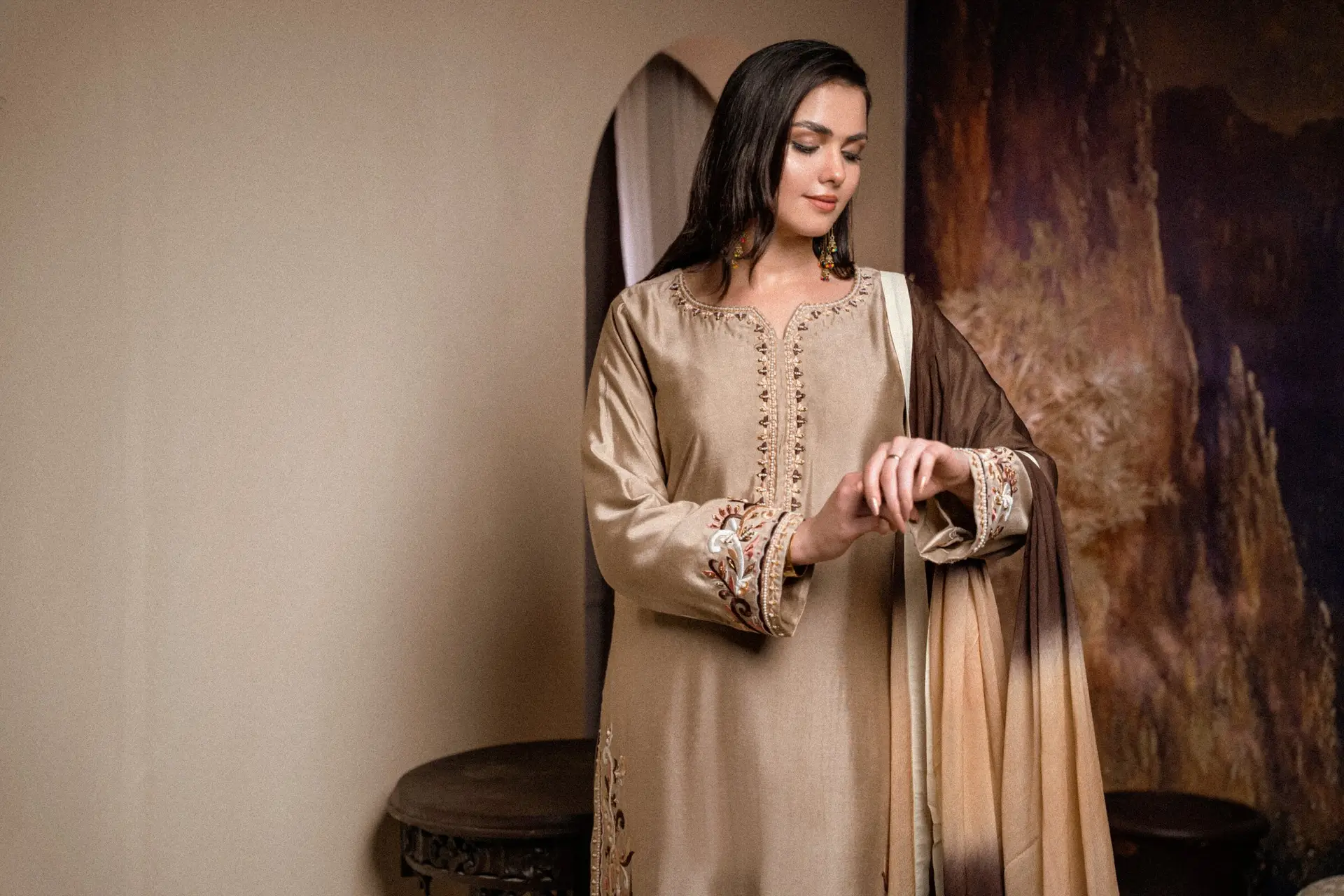 Sheesha Silk Hand Embroidered Suit - Golden - Sleeve Embroidery Pose