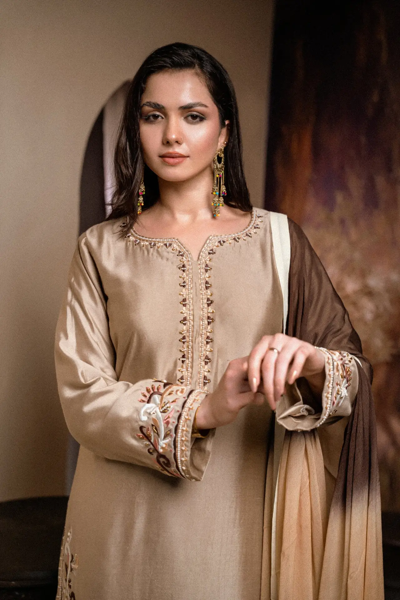 Sheesha Silk Hand Embroidered Suit - Golden - Close Portrait