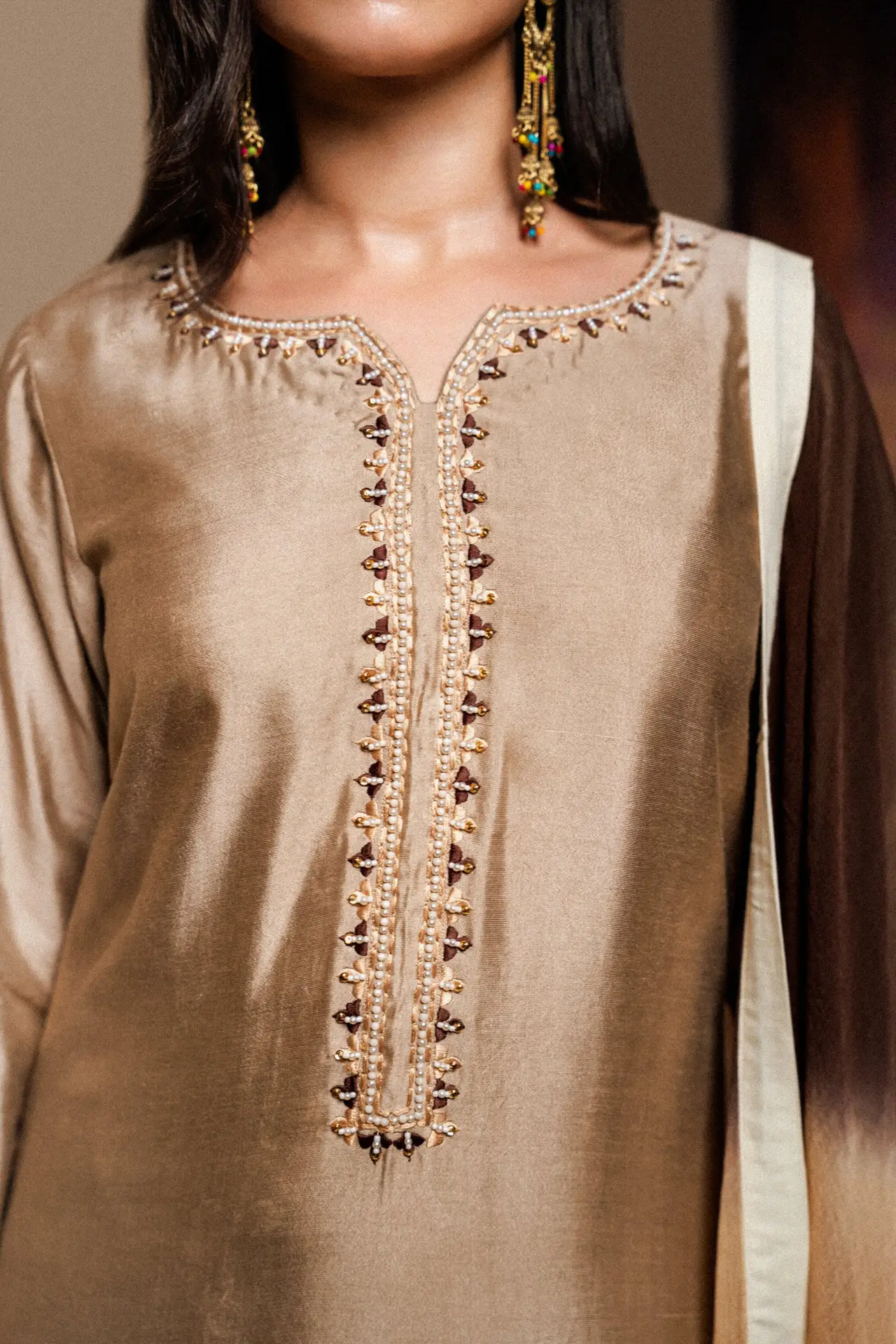 Sheesha Silk Hand Embroidered Suit - Golden - Hand-Embellished Neckline Detail