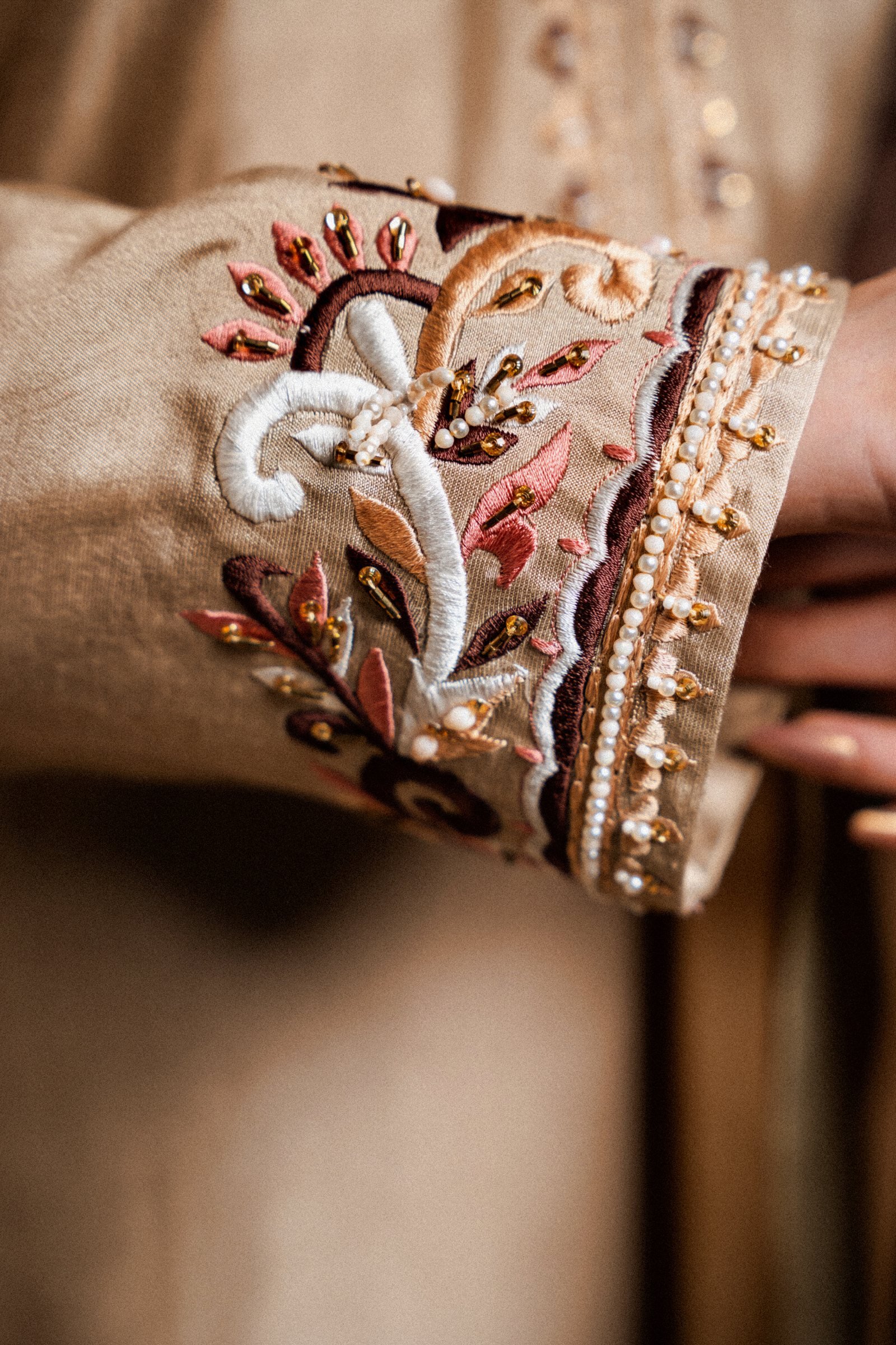 Sheesha Silk Hand Embroidered Suit - Golden - Sleeve Embroidery Detail