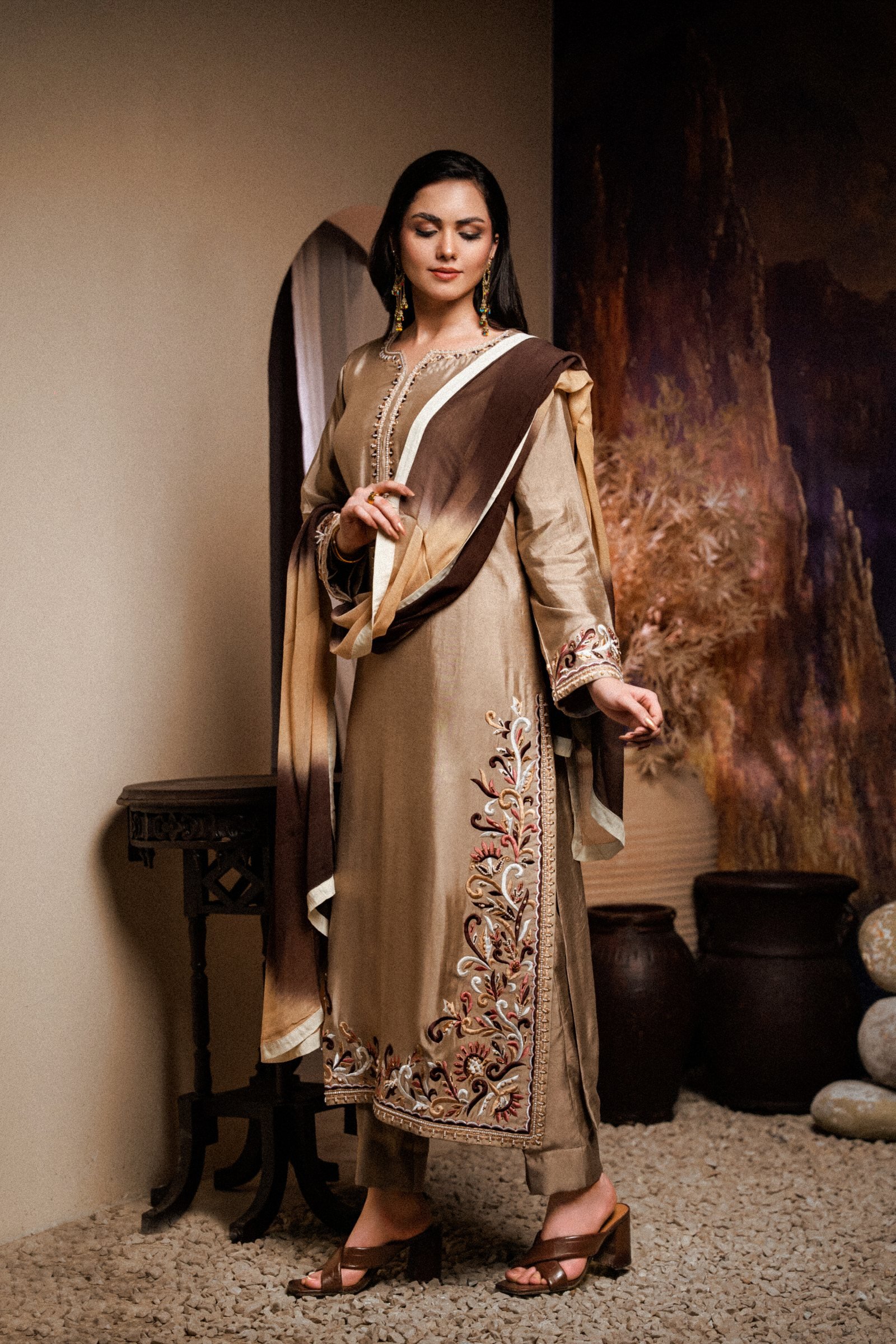 Sheesha Silk Hand Embroidered Suit - Golden - With Dupatta