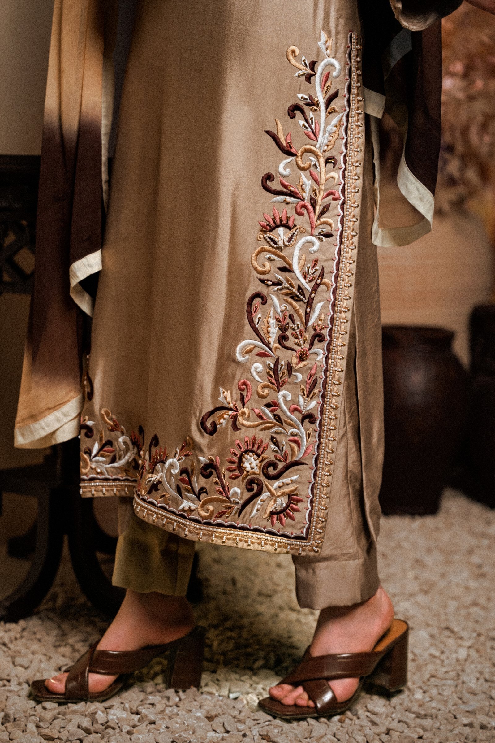 Sheesha Silk Hand Embroidered Suit - Golden - Border and Trouser Detail