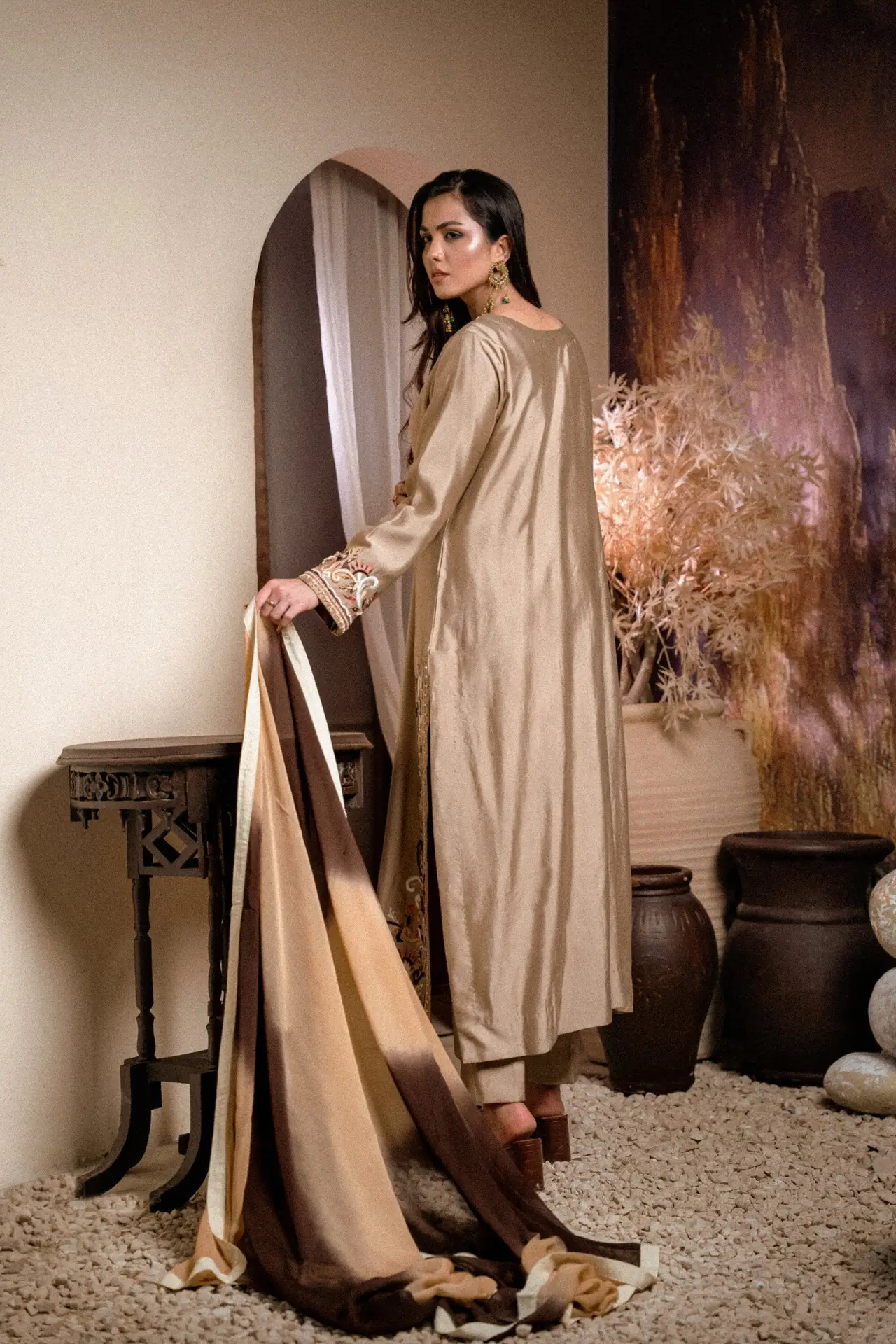 Sheesha Silk Hand Embroidered Suit - Golden - Back View